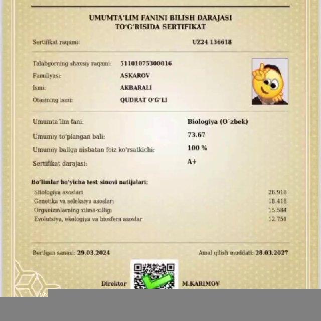 Biologiya sertifikat || 𝗔𝗸𝗯𝗮𝗿𝗮𝗹𝗶 𝗔𝘀𝗸𝗮𝗿𝗼𝘃