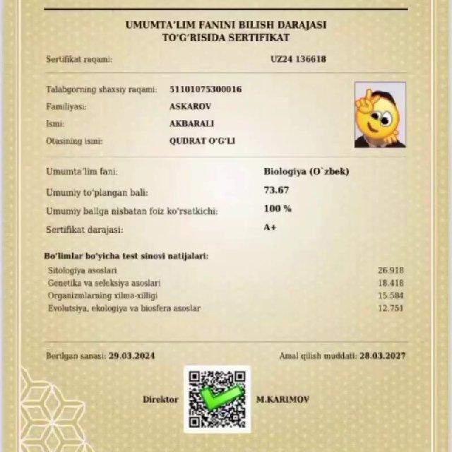 Biologiya sertifikat || 𝗔𝗸𝗯𝗮𝗿𝗮𝗹𝗶 𝗔𝘀𝗸𝗮𝗿𝗼𝘃